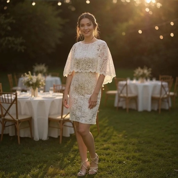 Jessica Howard Dresses & Skirts - Jessica Howard Scalloped Shimmer Stretch Lace Capelet Dress Champagne 10P